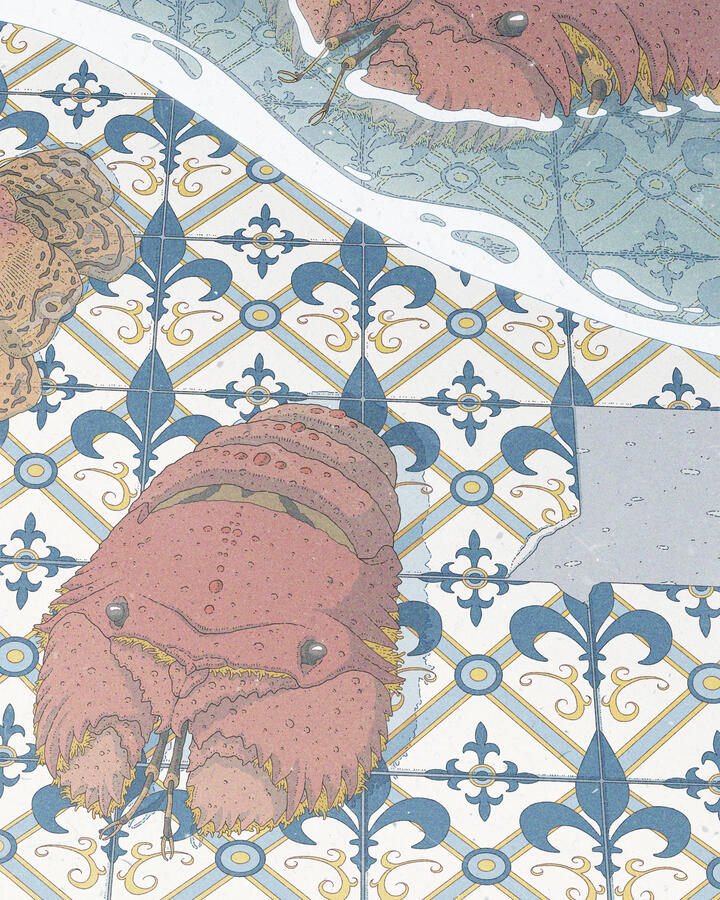 Color illustration of some red slipper lobsters resting atop of a tiled, half flooded floor. The tiles are blue and yellow, with fleur-de-lis flowers drawn on them.
