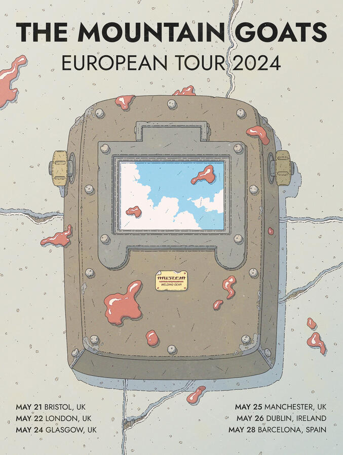 Illustration showing a welding mask laying on a concrete floor, covered in blood. The visor reflects a blue sky with puffy clouds.