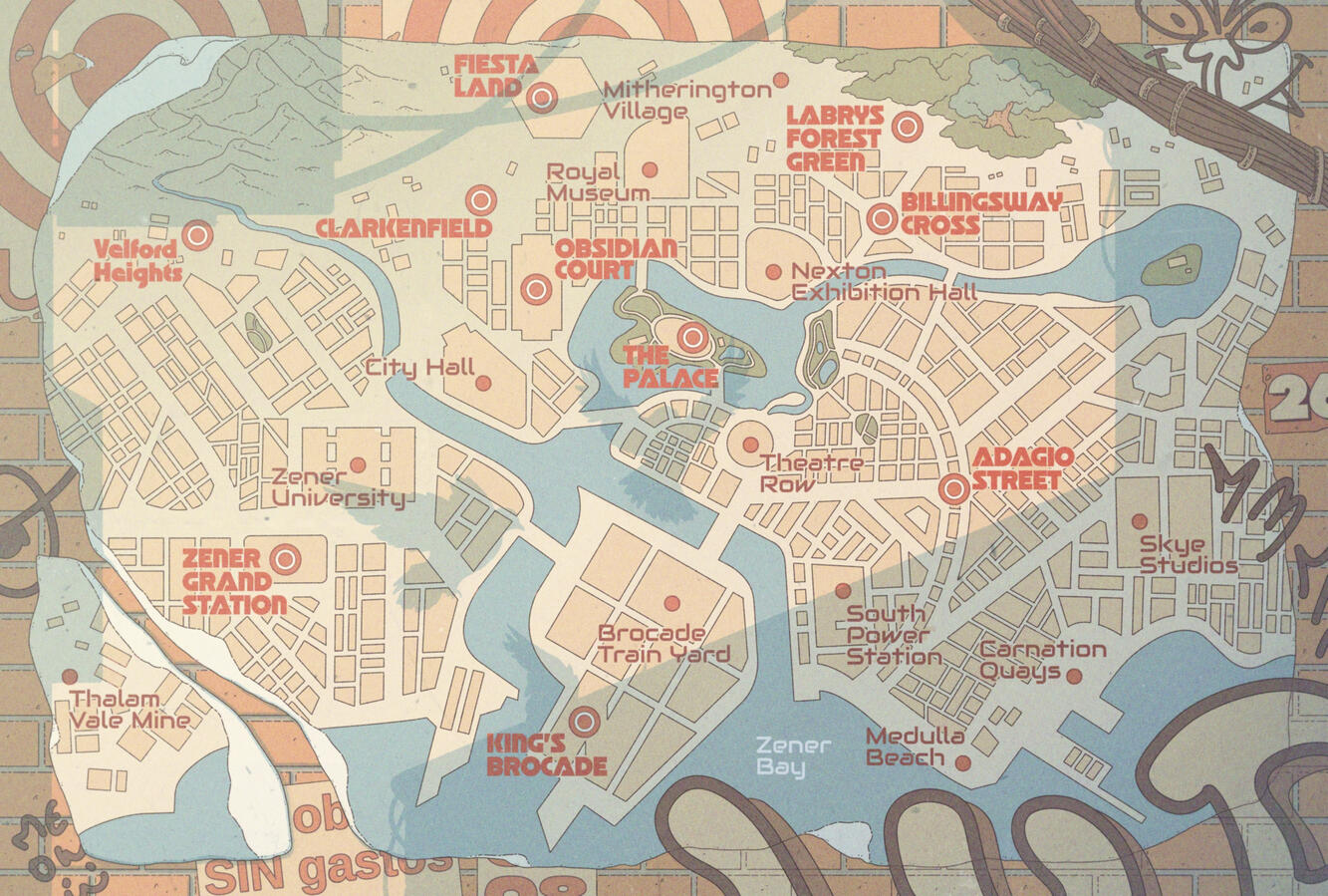 Illustration of the map of a city, diegetically drawn as an in-universe poster on a wall. Illustration of the map of a city, diegetically drawn as an in-universe poster on a wall.