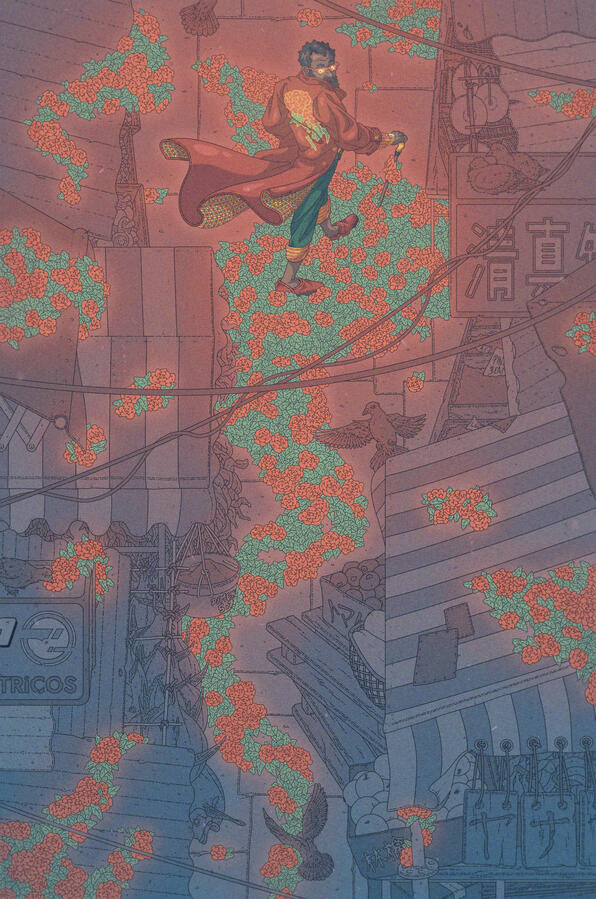 Color illustration of an elegantly dressed man walking on a street market. Surprised, he looks back: roses have grown along his path and all around him. Color illustration of an elegantly dressed man walking on a street market. Surprised, he looks back: roses have grown along his path and all around him.