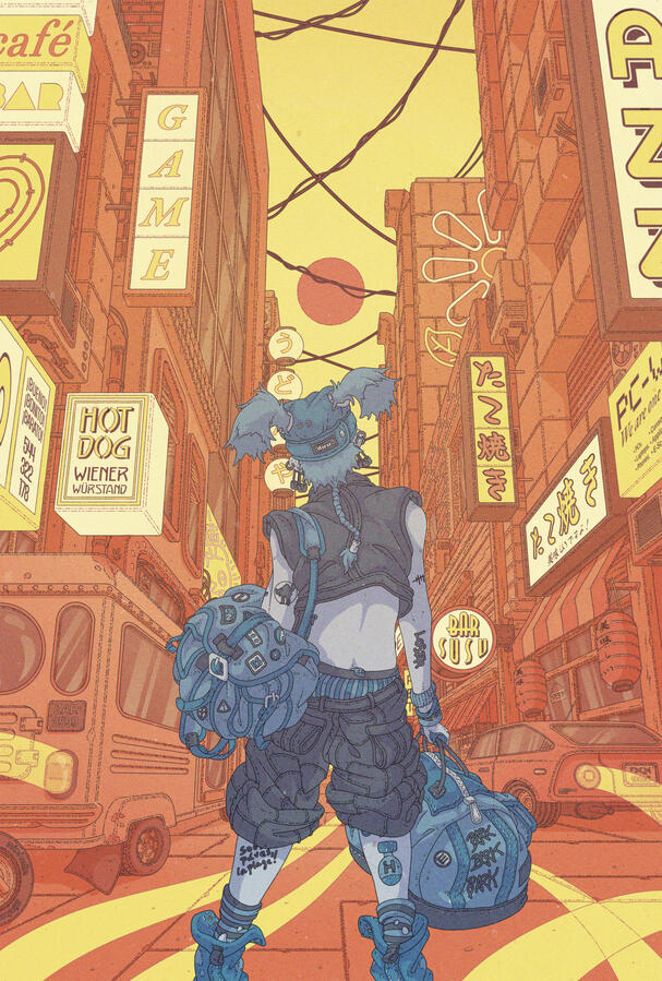 Color illustration of a punk-looking person seen from behind, standing in the middle of the street of a city busting with life at sunset. Color illustration of a punk-looking person seen from behind, standing in the middle of the street of a city busting with life at sunset.