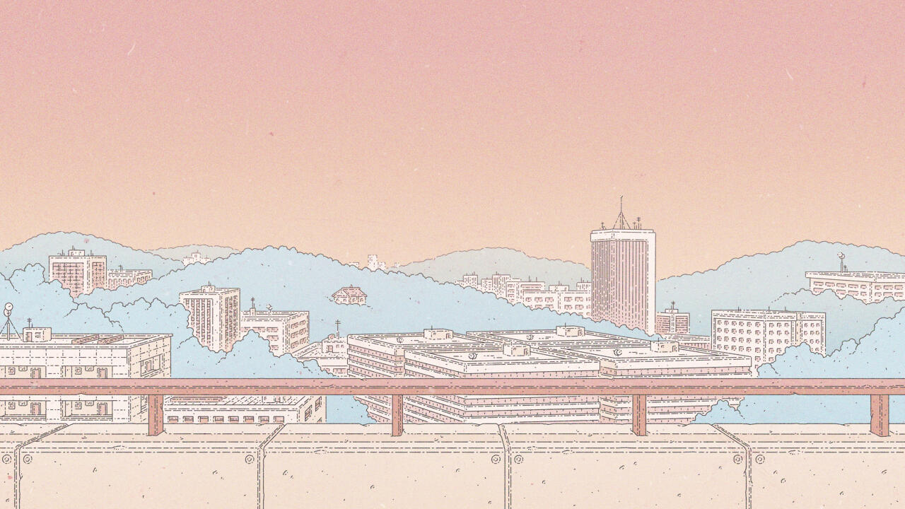 Illustration of a city seen from a rooftop, the buildings are dispersed amist hills filled with trees. The sun is setting down, and the scene is colored in pastel pinks, blues and yellows.