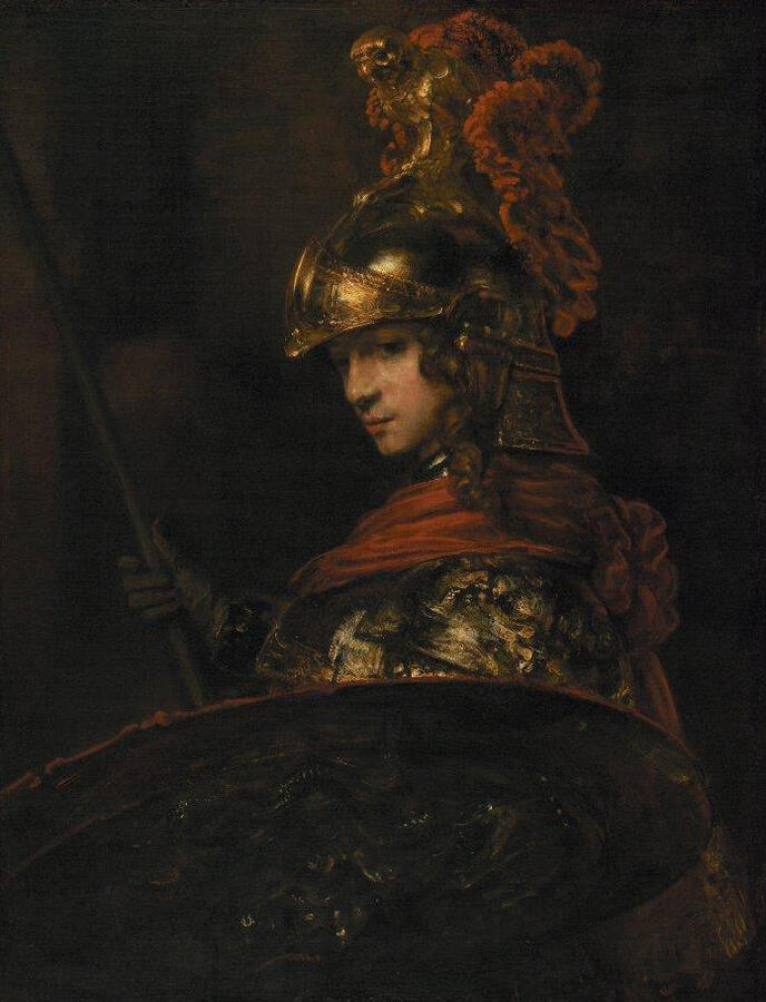 The original painting. Done in earhty tones, it shows Athena in full armor, wielding a spear and a shield.