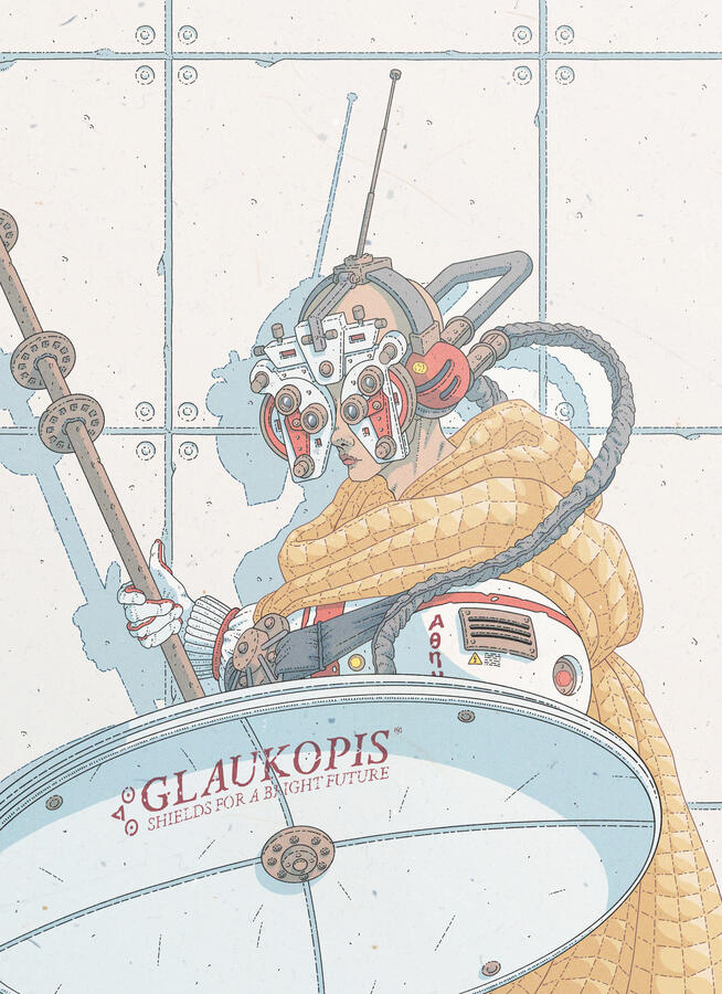 Color illustration, reimagining the painting in a sci-fi setting. Athena is wearing a phoropter, a parabolic antenna as a shield, a scaffolding bar as a spear and a space blanket. She is standing against a concrete wall.