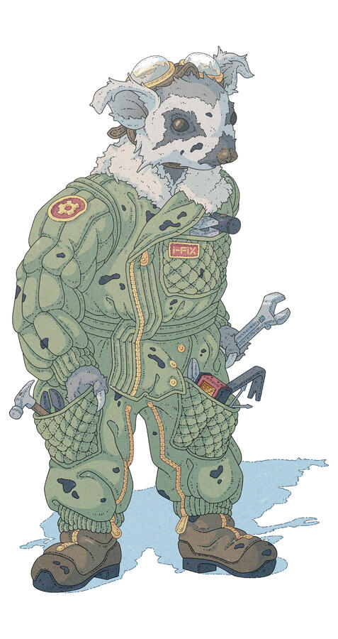 Illustration of a bipedal, sloth/tapir/anteater inspired creature on a mechanic&#39;s overalls. They are wearing aviator glasses on their head and holding a wrench on their hand.