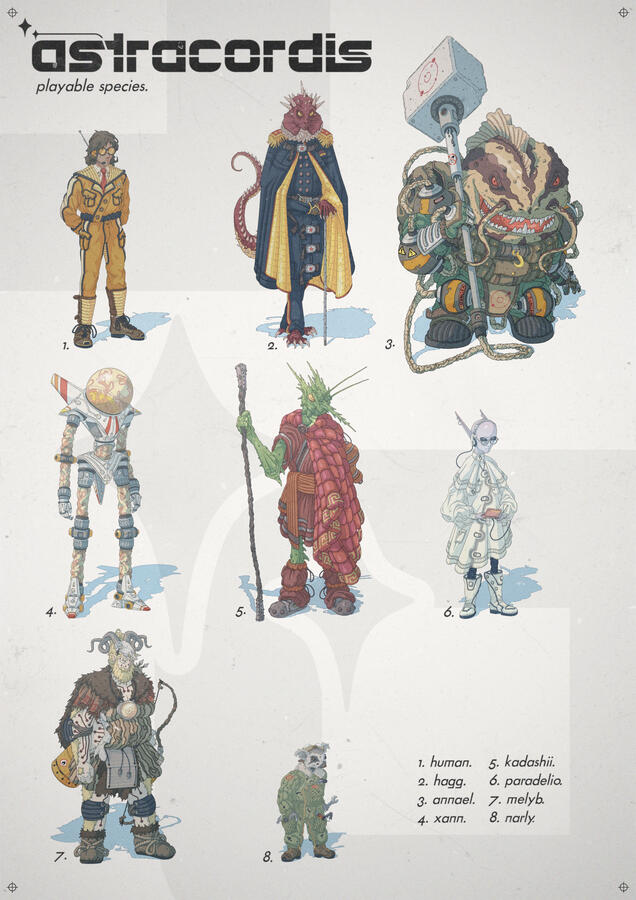 Poster-style illustration showing eight different alien species agains a white background. The title of the game and the name of each one can also be seen.Untitled