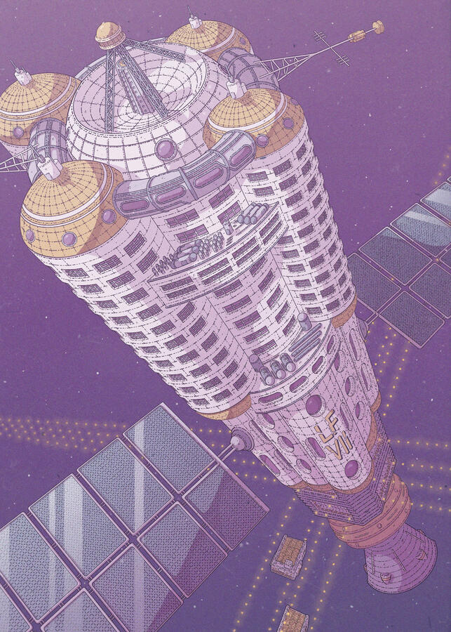 Color illustration, in purple and yellow colors, of a brutalist space station/habitat.