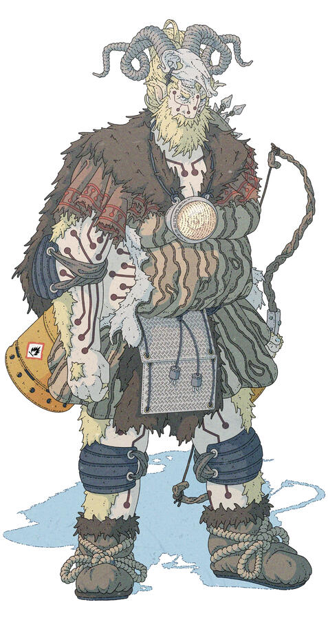 Color illustration of a blonde, pale, big and broad humanoid being. Ty are wearing a mix of prehistoric and futuristic clothes, and a cranium of some kind of horned ruminant on their head. They are carrying a bow too, and their skin is tatooed in a circuit