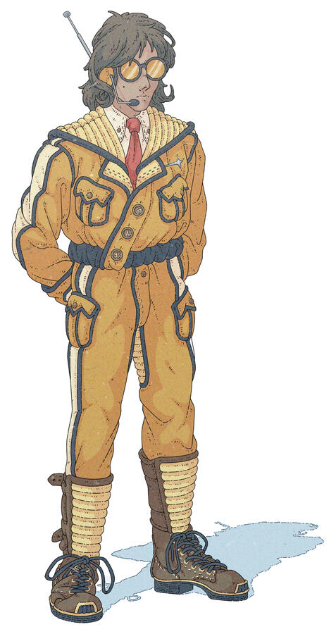 Color illustration of a human, wearing a retrofuturistic orange uniform, reminiscent of a flight suit. They are also wearing orange glasses which cover their eyes.