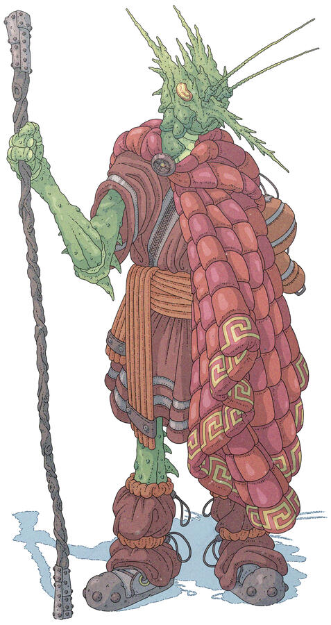 Color illustration of a green humanoid crustacean creature. She&#39;s wearing orange and red clothes that resemble a mix of ancient greek and modern seafaring apparel. She also wields a wooden staff reinforced with metal on both ends.