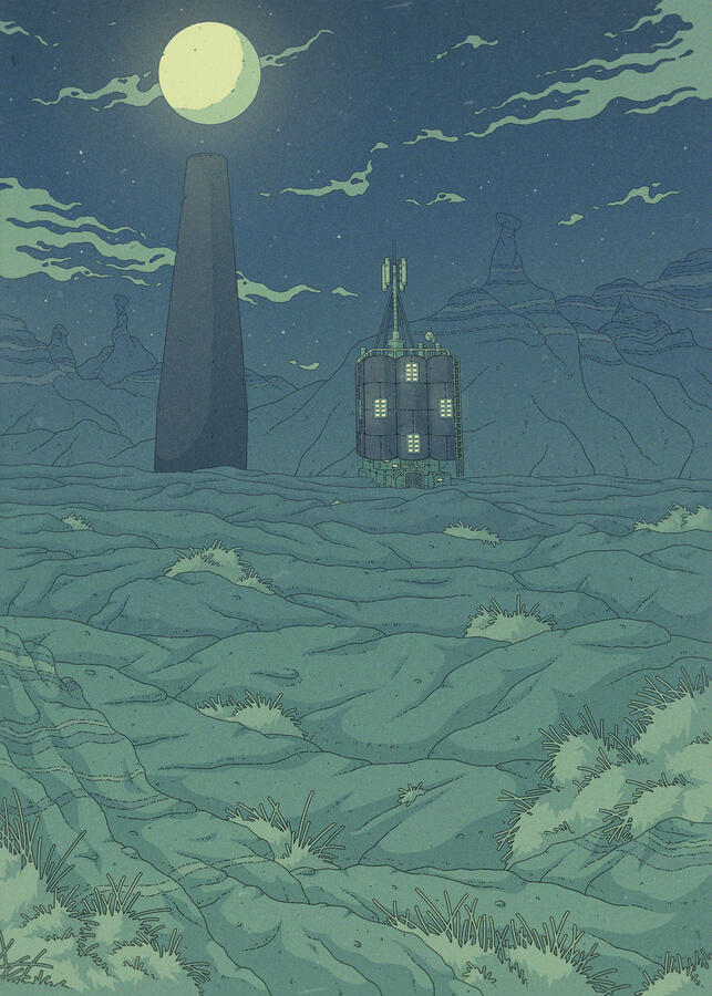 Illustration in green and blue tones, showing a rocky desert at night. On it, a brutalist building and a tall, monolith-like structure stand side by side. On top of the monolith there's a bright sphere, which at first could be mistaken by a moon on the sky