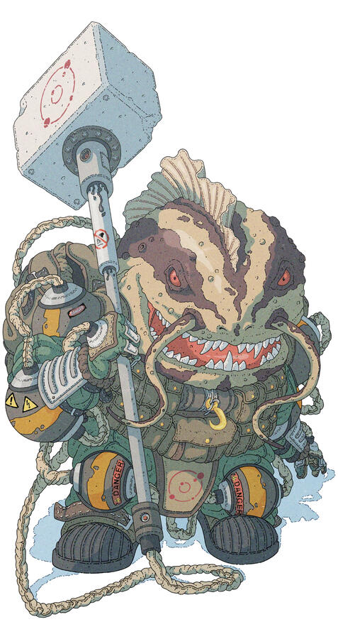 Color illustration of a massive, bipedal, fish-amphibian looking being. They are wearing a kind of military exoskeleton-armor and carrying a massive hammer on their shoulder.