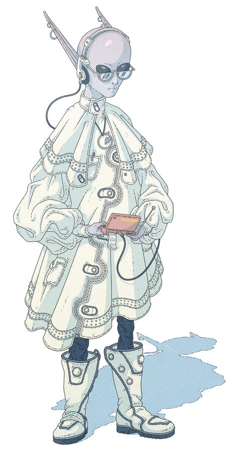 Color illustration of a kind-of-classical-alien looking being, with really pointy ears. They are wearing futuristic lab clothing and carrying some kind of portable electronic device on their hands.