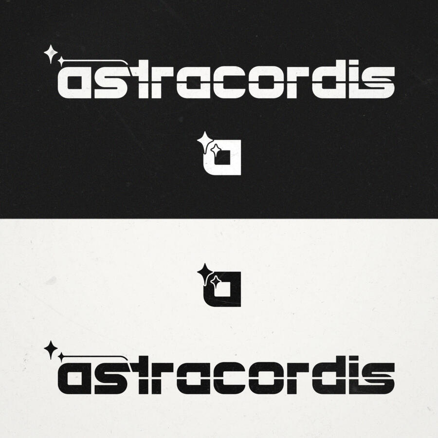Square image divided in two horizontal halves, one black and one white. The logos are laid over them in the opossite colors. There are two versions of the logo: one spelling the whole word, with two stars on the left and their tail striking the word on two