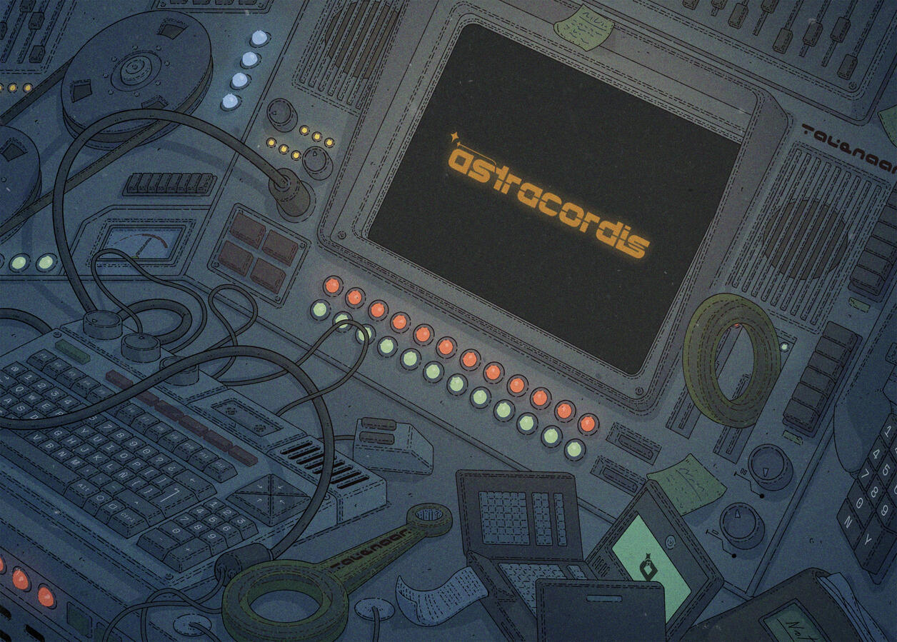Color illustration of a spaceship desk, filled to the brim with retrofuturistic tech. The monitors and lights of the panels light up the scene, and the logo of the game can be seen on the screens.