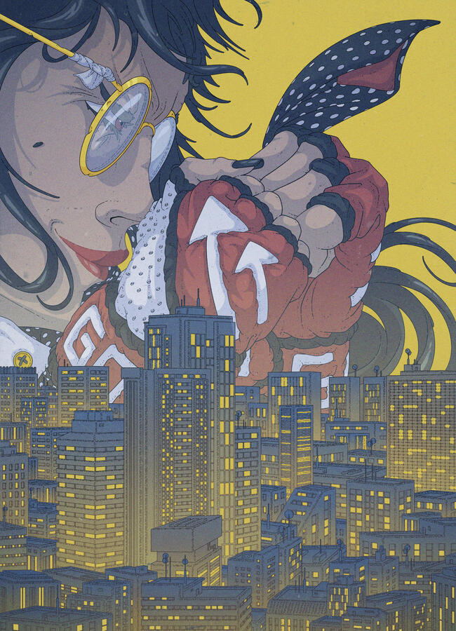Color illustration of an office working woman, with her fighting-glove-fitted fist rised and ready to fight. We see her from above the neck, and the bottom half of the image is filled by a view of a city.
