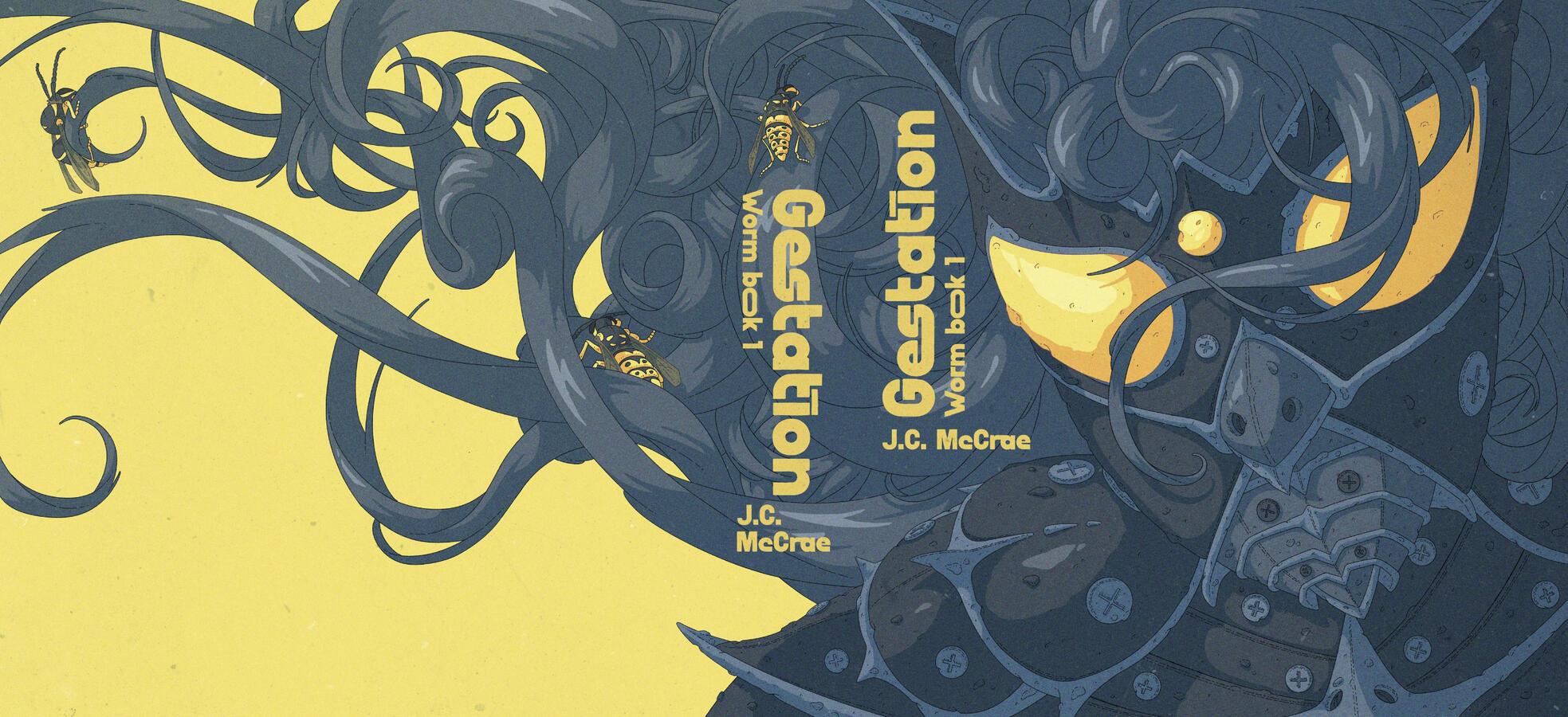 Color illustration showing a girl with dark blue hair and insect-like armor against a yellow background. She has wasps on her body, and the glasses of her helmet are yellow too.