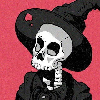 Drawing of a skeleton with a black dress and witch hat against a red background.