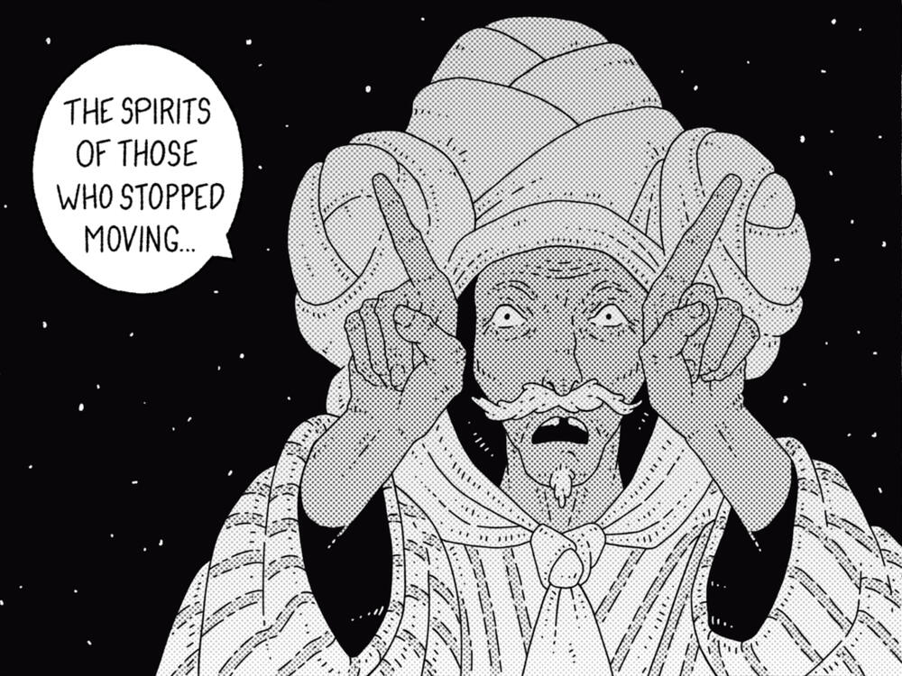 Comic panel of an old desert nomad, making the shape of two horns coming out of his head with his hands, saying: "The spirits of those who stopped moving...."