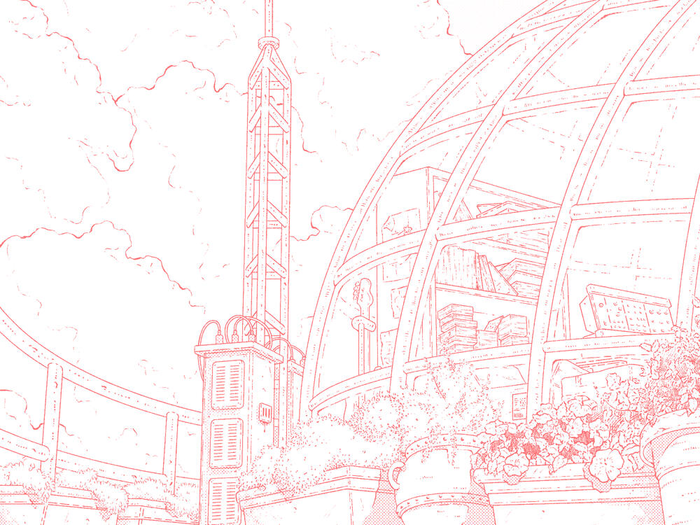 Drawing, done in red ink, of a glass dome surrounded by plants and an antenna on its side. Inside the dome books, musical instruments... can be seen.