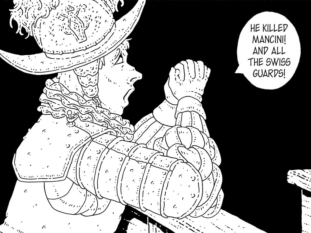 Comic panel, in black and white. It shows a Swiss guard praying on a church, saying: "He killed Mancini! And all the Swiss guards!".