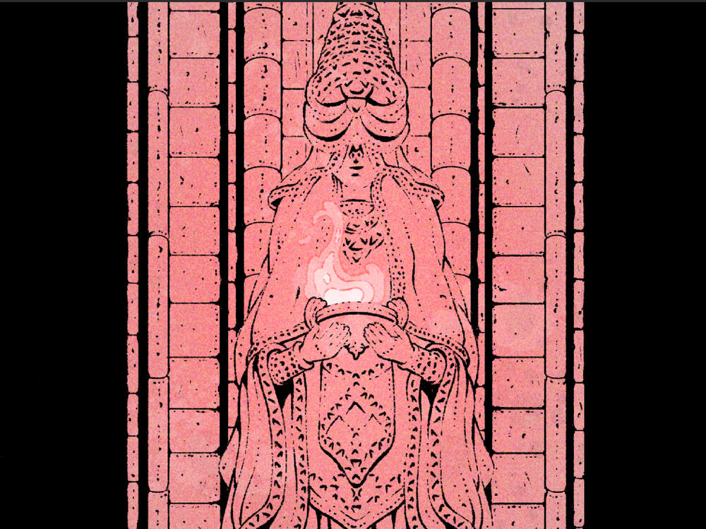 Drawing showing a statue holding a bowl with fire on its hands, done in red and black colors.