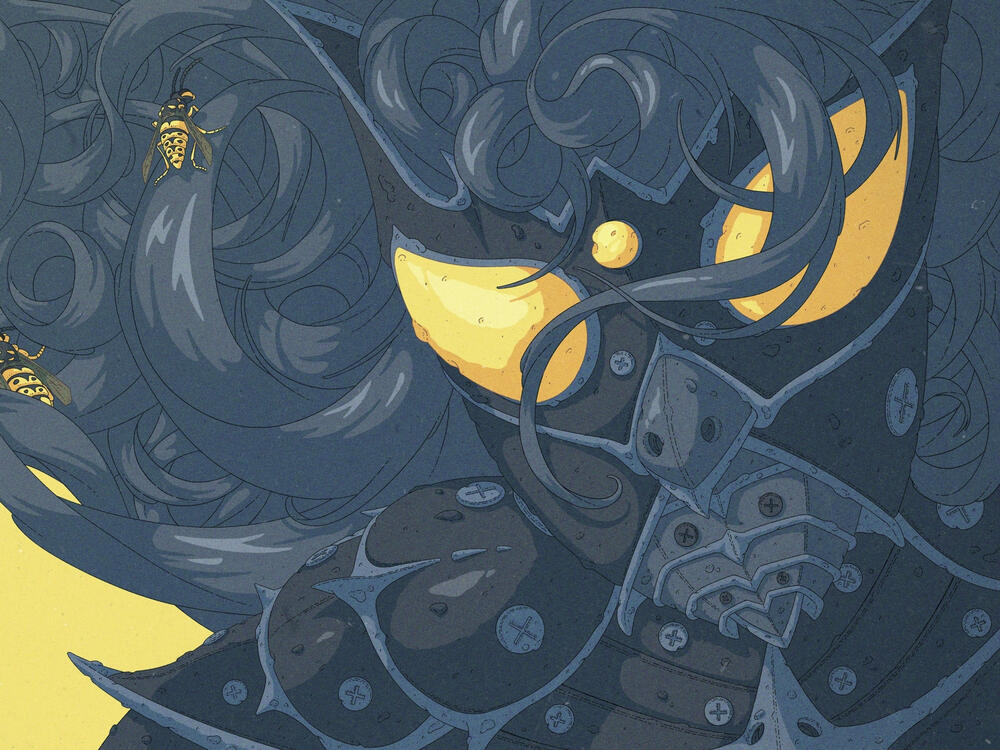 Color illustration showing a girl with dark blue hair and insect-like armor against a yellow background. She has wasps on her body, and the glasses of her helmet are yellow too.