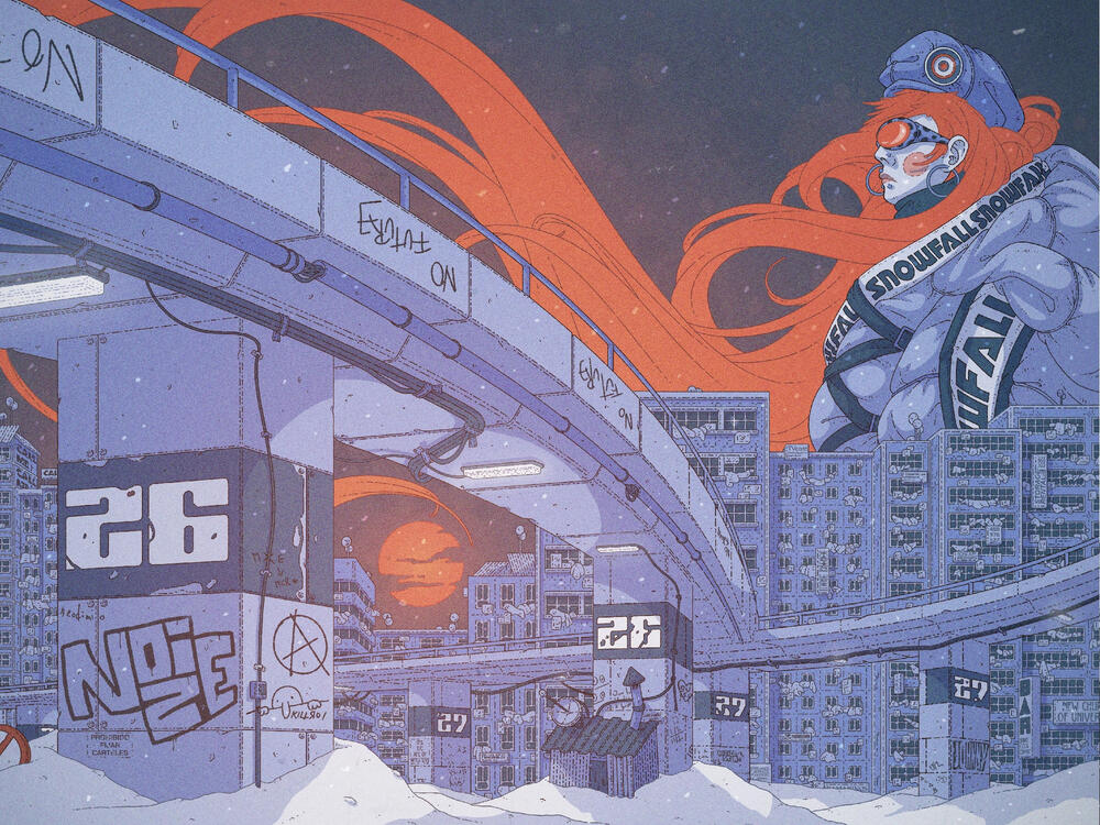 Color illustration, in blue and red tones. It shows a snow-covered city and a woman standing enormous behind the skyline, her flowing red hair the same color as the sunrise.