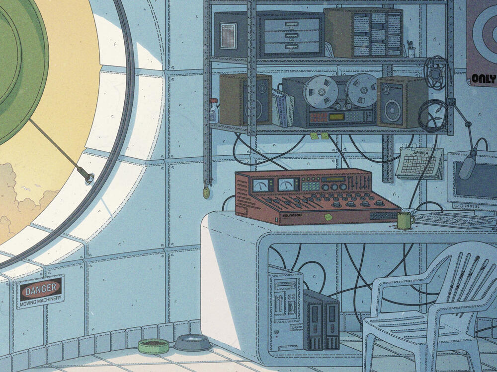 Color illustration of the interior of a brutalist tower, light leaks through a big circular opening on the wall with a golden disc on its center. What it seems the working place of a radio operator can be seen inside.