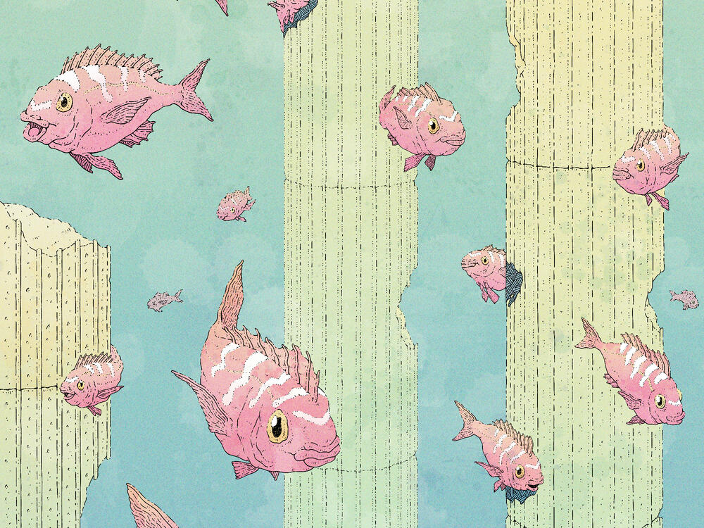 Color illustration showing three submerged roman colums and fishes swimming among them. The fishes are red, the columns are yellow and the water is green.