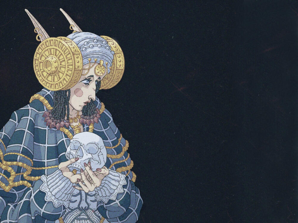 Cover of the game The Gaping Serpent, it shows the title in red and an elf lady holding a skull close to her chest. Her clothing, in blue and gold colors, is inspired by Iberian sculptures and old (but more modern than medieval) European/Western clothing.