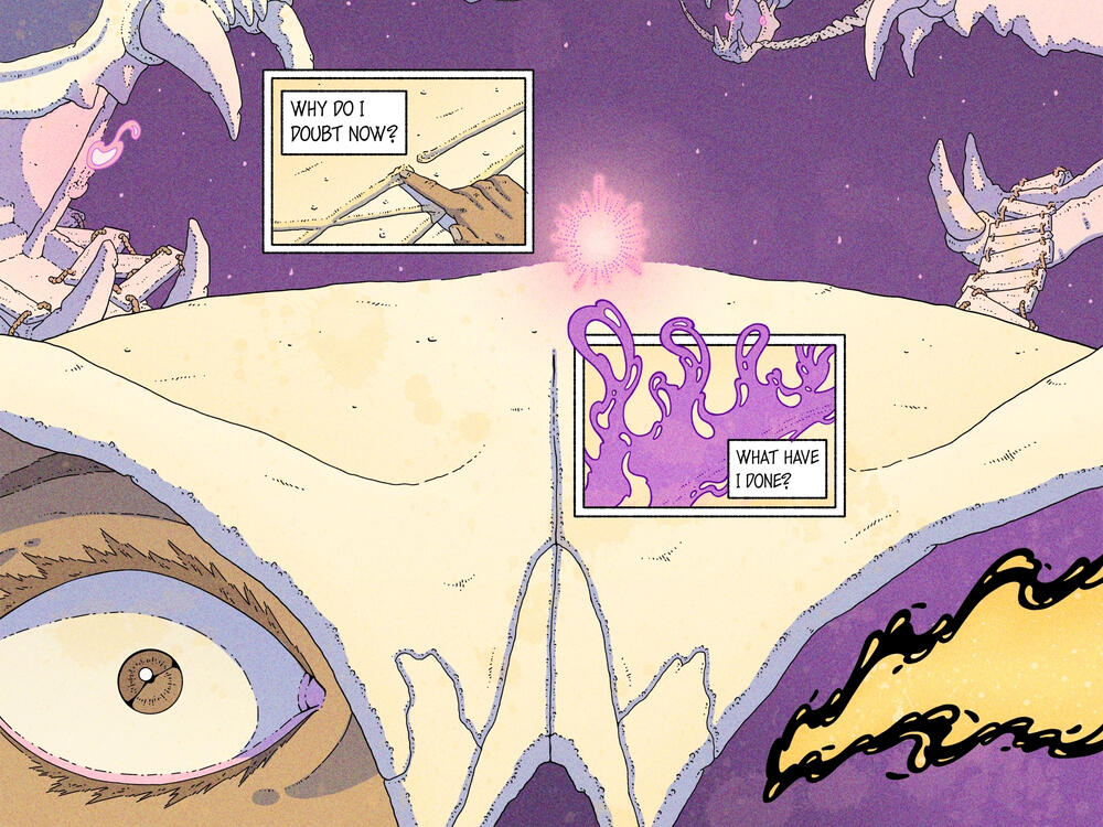 Part of a comic page, in color, which shows a woman sitting in a cat skull shaped structure floating in space. Haunted by doubts and existential dread, she invokes a daemon.