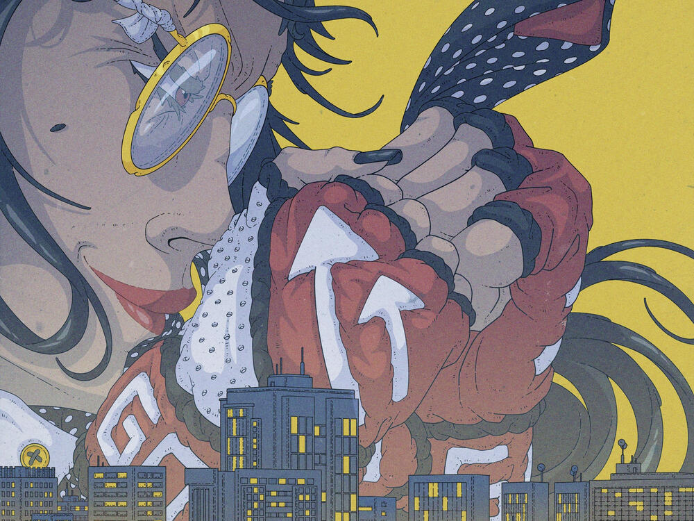 Color illustration of an office working woman, with her fighting-glove-fitted fist rised and ready to fight. We see her from above the neck, and the bottom half of the image is filled by a view of a city.