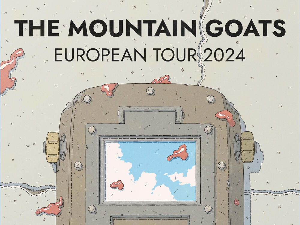 Illustration showing a welding mask laying on a concrete floor, covered in blood. The visor reflects a blue sky with puffy clouds.