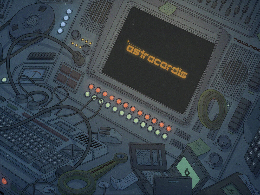 Color illustration of a spaceship desk, filled to the brim with retrofuturistic tech. The monitors and lights of the panels light up the scene, and the logo of the game can be seen on the screens.