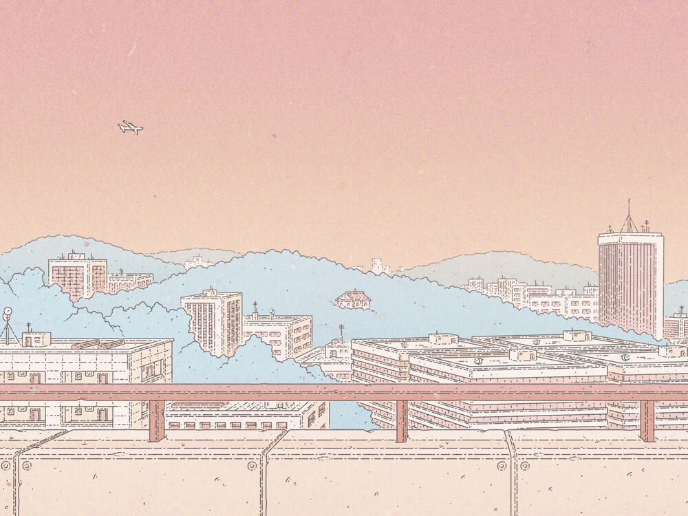 Illustration of a city seen from a rooftop, the buildings are dispersed amist hills filled with trees. The sun is setting down, and the scene is colored in pastel pinks, blues and yellows.