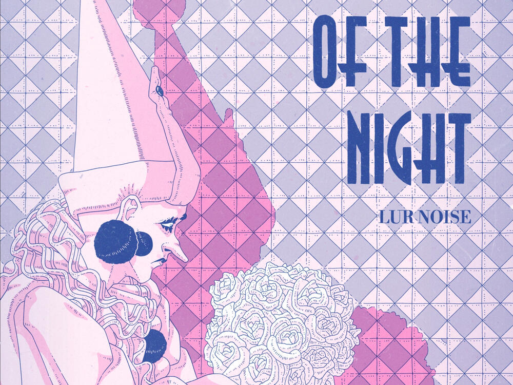 Part of In the Quiet of the Night's cover illustration, done in pink and blue. It shows a sad pierrot holding a rose bouquet, sitting against a tile wall.