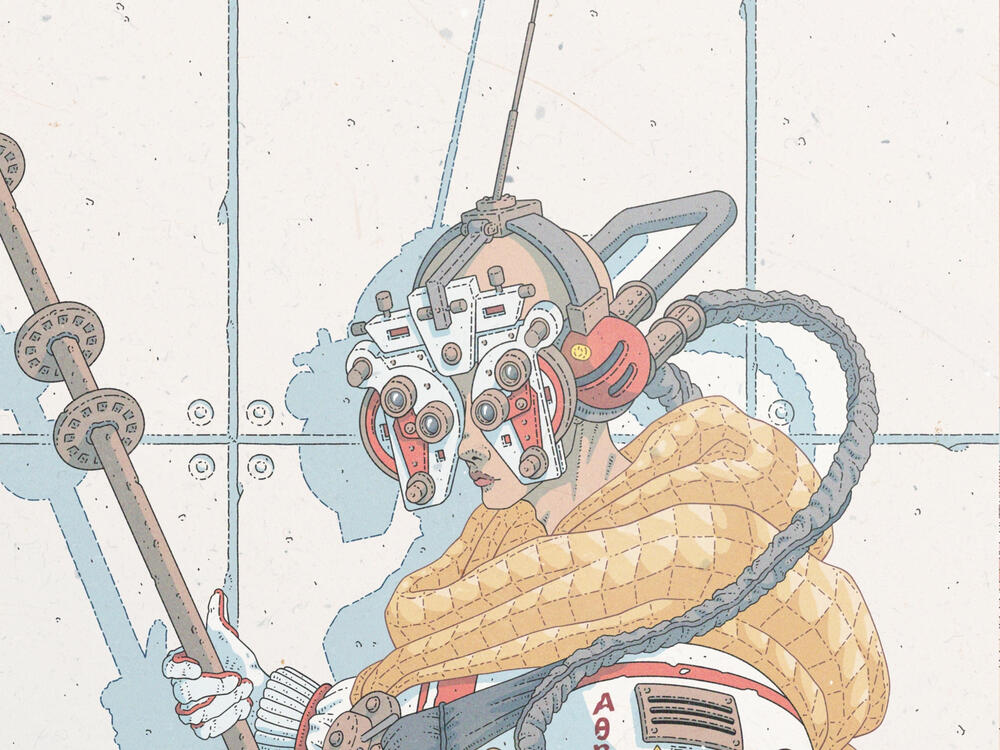 Color illustration, reimagining Rembrandt's painting in a sci-fi setting. Athena is wearing a phoropter, a parabolic antenna as a shield, a scaffolding bar as a spear and a space blanket. She is standing against a concrete wall.