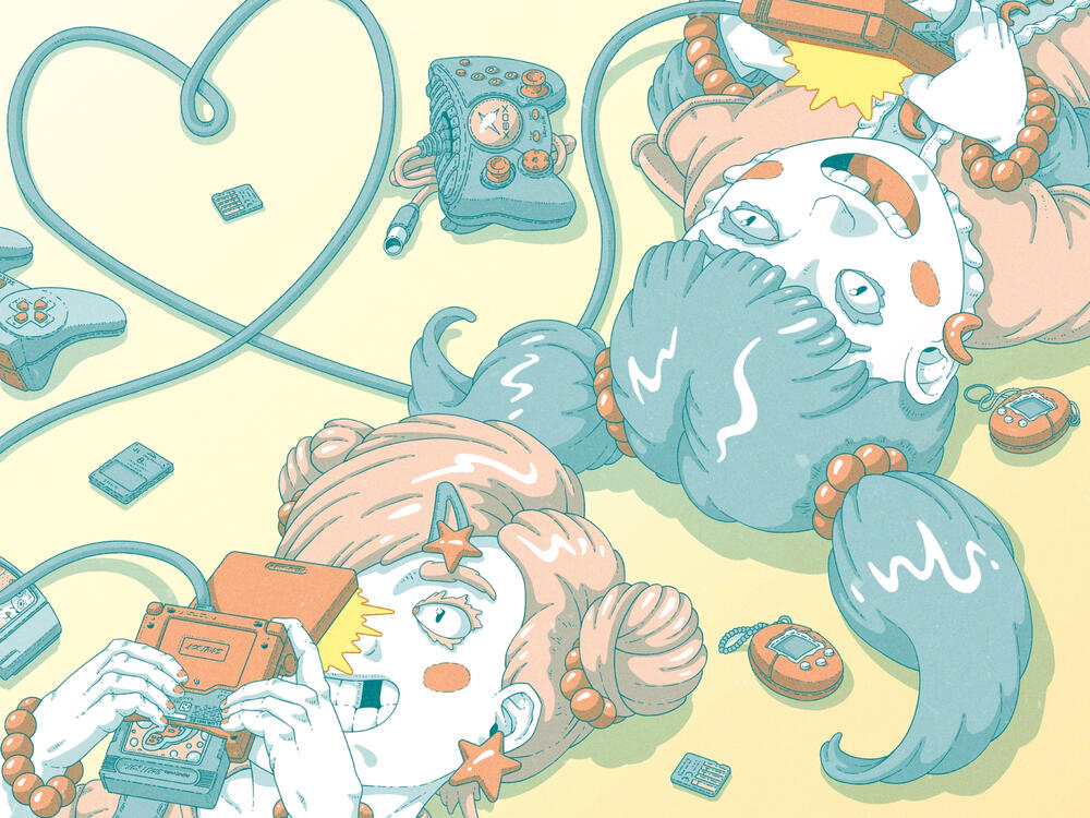 Poster in orange, yellow and turquoise tones. It contains information about the event, a logo in Y2K style and an illustration. The illustration consists of two children lying on the floor playing with Game Boys. The consoles are connected by a cable.