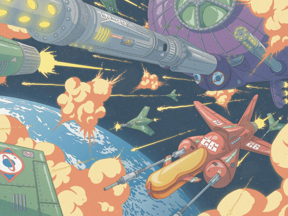 Color illustration, showing a space battle between a hero-ship and different enemy-ships. Explosions fill the scene, and a big blue planet can be seen in the background.