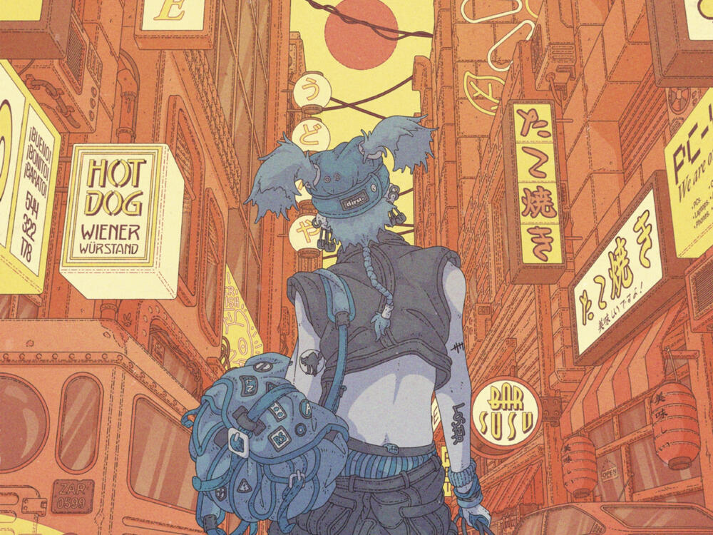 Color illustration of a punk-looking person seen from behind, standing in the middle of the street of a city busting with life at sunset.